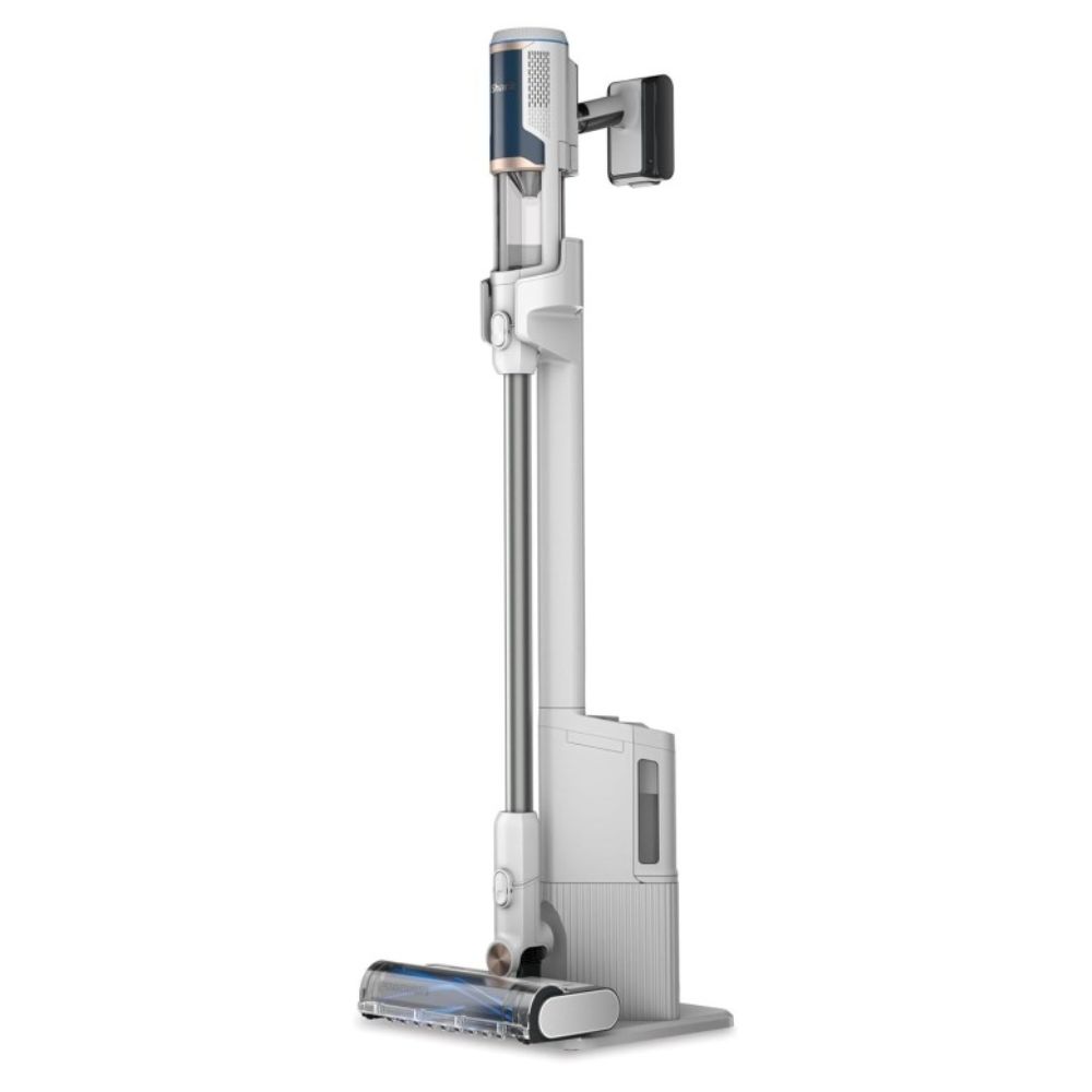 A tall cordless vacuum in white