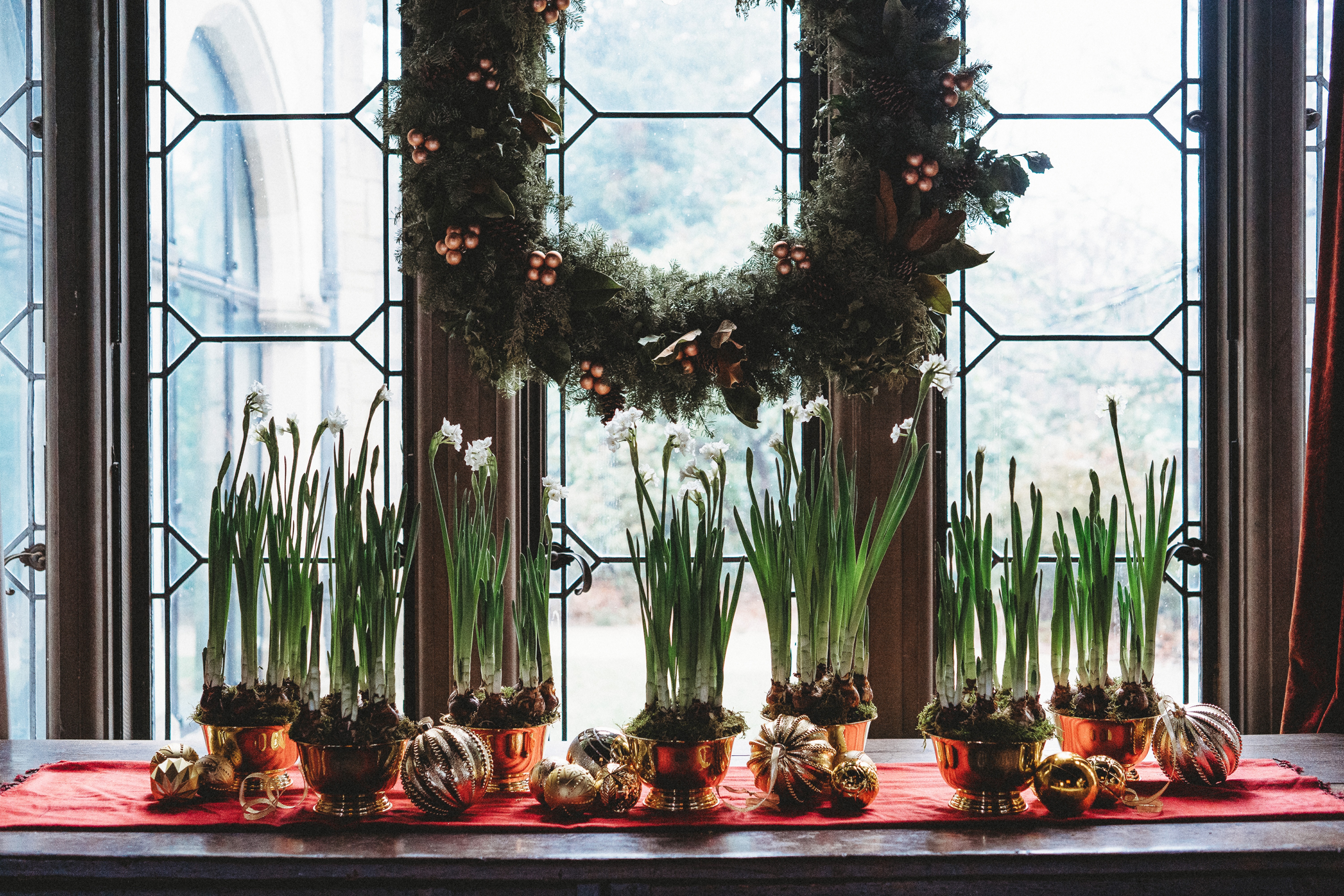 Silver bowls filled with paperwhite flowers