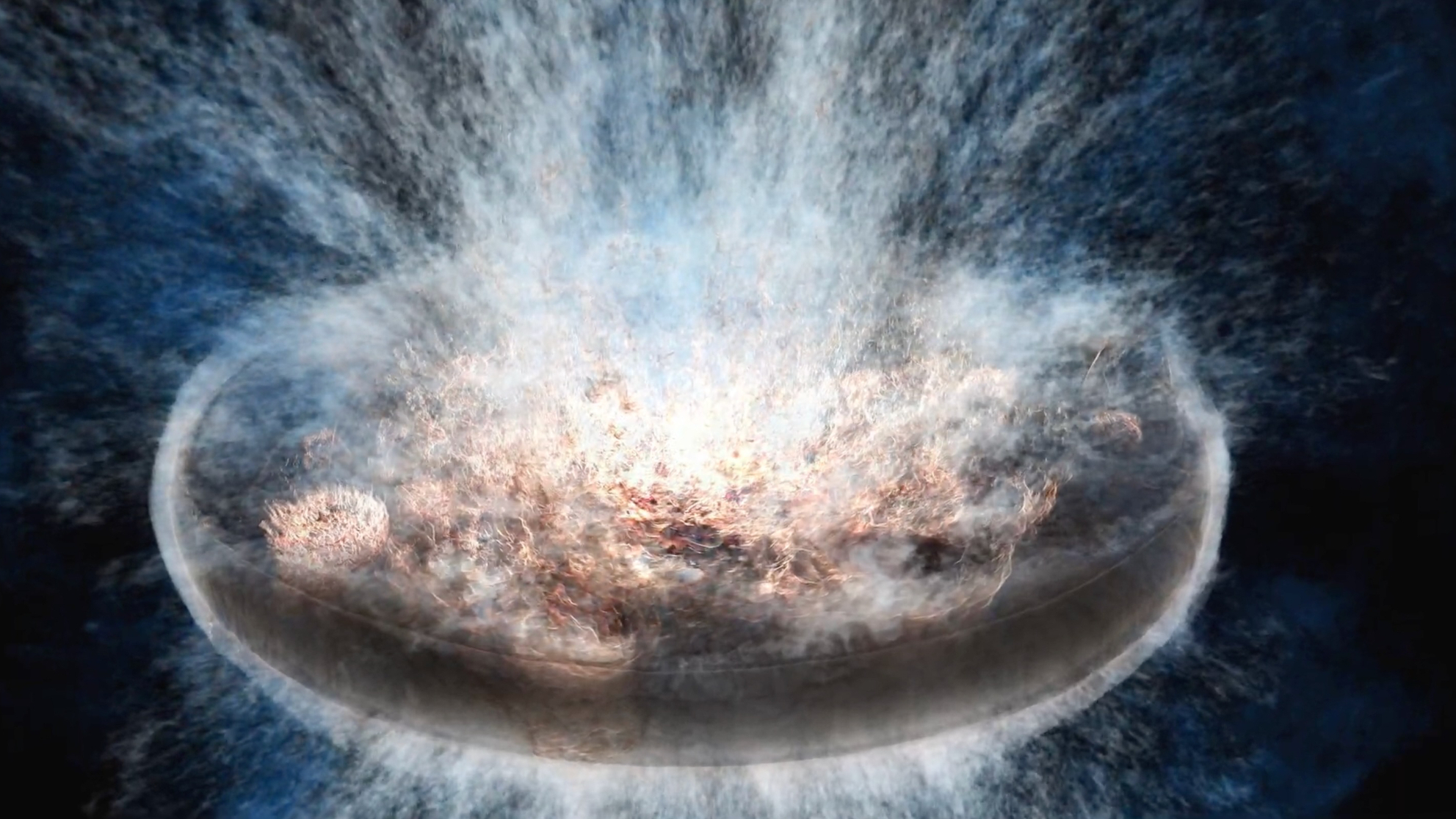 Screenshot of an animation showing galactic outflow, created using new AI algorithms.