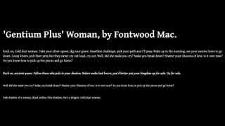 Sample text of Gentium Plus font, white on black, text: 'Gentium Plus' Woman by Fontwood Mac, followed by the lyrics to Gold Dust Woman by Fleetwood Mac