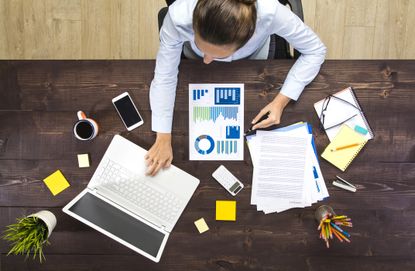 A woman working remotely.