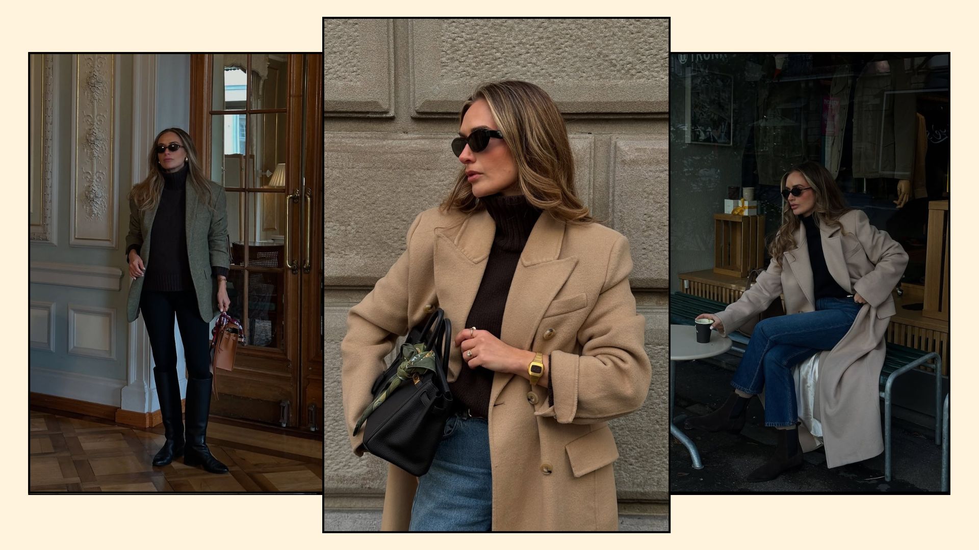 Woman wears black cashmere funnel neck jumper three ways 