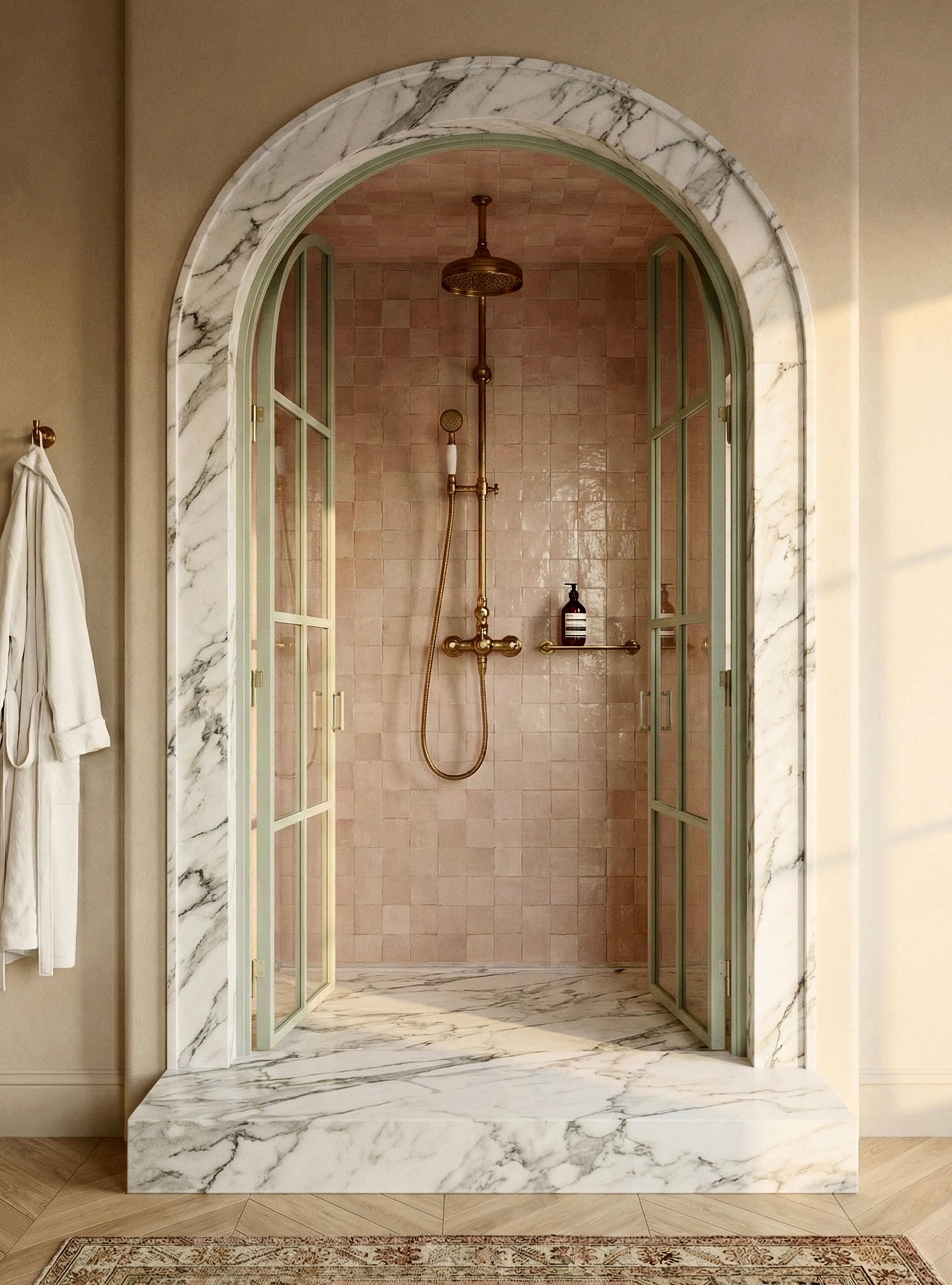 Conservatory shower with arched entryway with blush Zellige tiles and marble surround