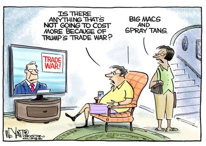 Political cartoon U.S. Trump trade war tariffs China Europe big mac spray tan McDonalds