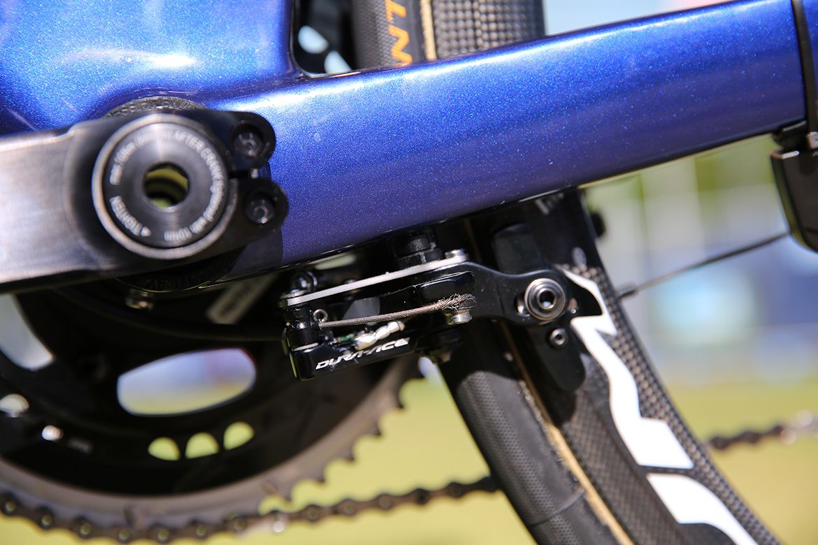 On Bahrain-Merida's Reacto, the rear brake is tucked underneath the chainstay