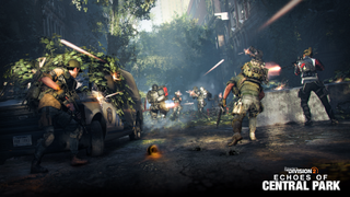 A piece of key art from The Division 2 Echoes of Central Park showing Division agents fighting the Cleaners on the streets of NYC. 
