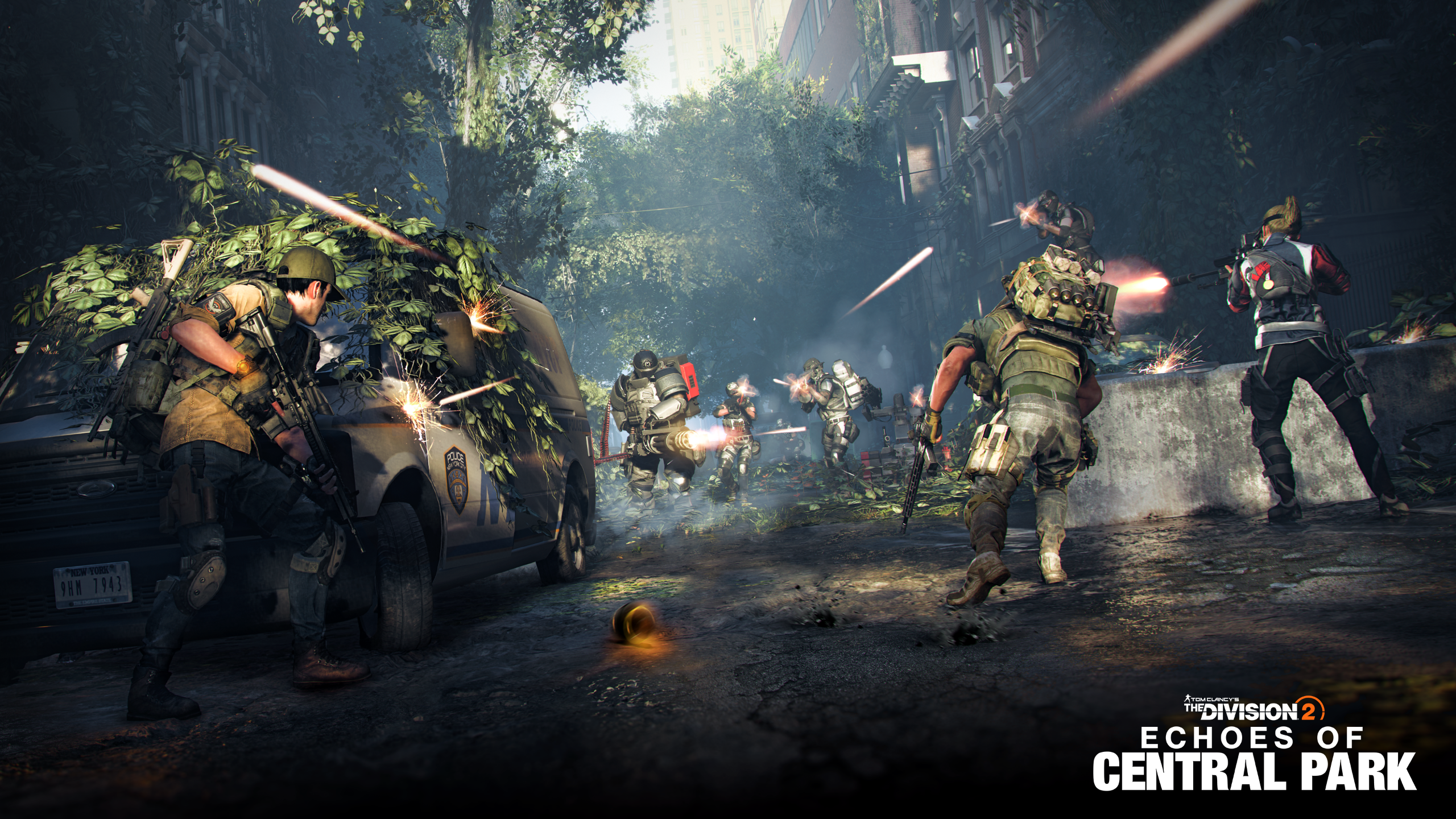 A piece of key art from The Division 2 Echoes of Central Park showing Division agents fighting the Cleaners on the streets of NYC. 