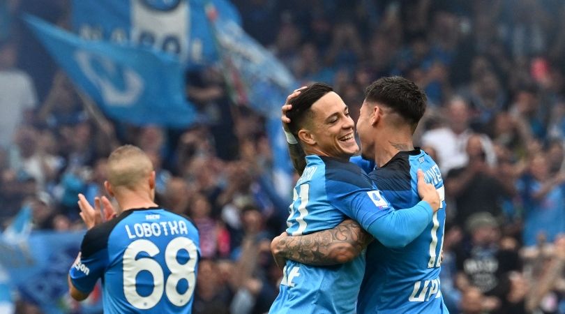 Napoli&#039;s Giacomo Raspadori congratulates Mathias Olivera after the Uruguayan&#039;s goal against Salernitana at Serie A in April 2023.