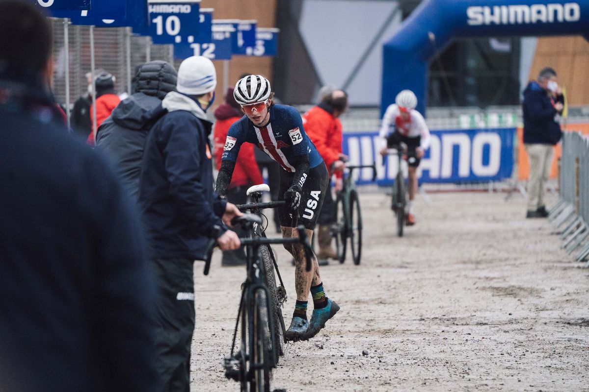 Ben Stokes in the pits during the junior race at World Cup Namur