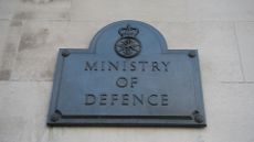 Ministry of Defence (MoD) insignia pictured on a plaque on Horse Guards Avenue, London.