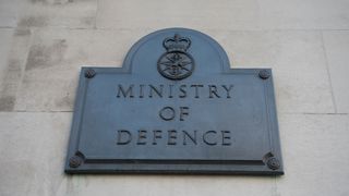 Ministry of Defence (MoD) insignia pictured on a plaque on Horse Guards Avenue, London.