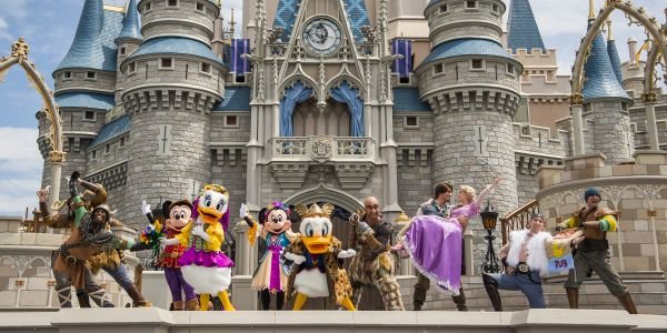 Characters in front of Cinderella&#039;s Castle at Walt Disney World