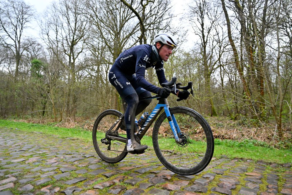 ROUBAIX FRANCE APRIL 05 Oier Lazkano Lopez of Spain and Movistar Team trains at the Troue dArenberg cobblestones sector during the 121st ParisRoubaix 2024 Previews UCIWT on April 05 2024 in Roubaix France Photo by Luc ClaessenGetty Images