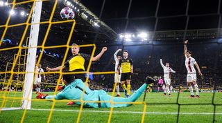 Borussia Dortmund score against Paris Saint-Germain in the Champions League in February 2020.