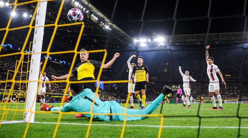 Borussia Dortmund score against Paris Saint-Germain in the Champions League in February 2020.