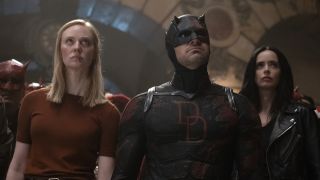 (L-R) Karen Page (Deborah Ann Woll), Matt Murdock/Daredevil (Charlie Cox) and Jessica Jones (Krysten Ritter) in Marvel Television's DAREDEVIL: BORN AGAIN SEASON 2, exclusively on Disney+.