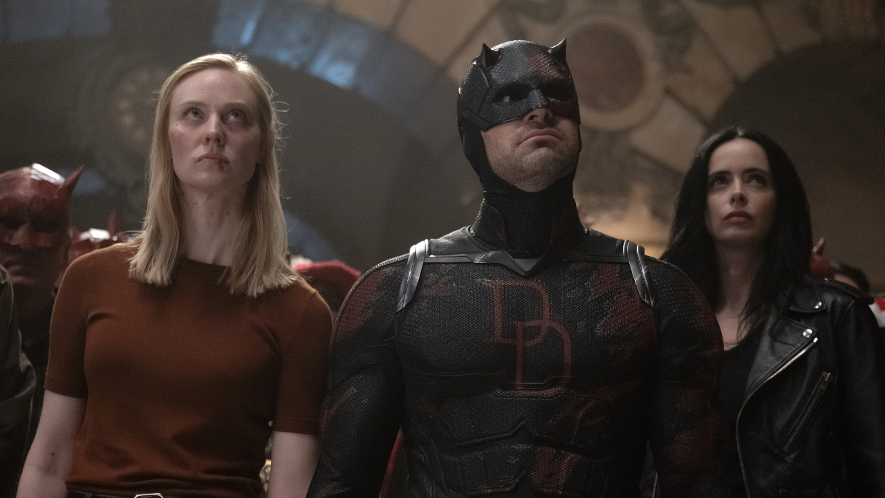 (L-R) Karen Page (Deborah Ann Woll), Matt Murdock/Daredevil (Charlie Cox) and Jessica Jones (Krysten Ritter) in Marvel Television's DAREDEVIL: BORN AGAIN SEASON 2, exclusively on Disney+.