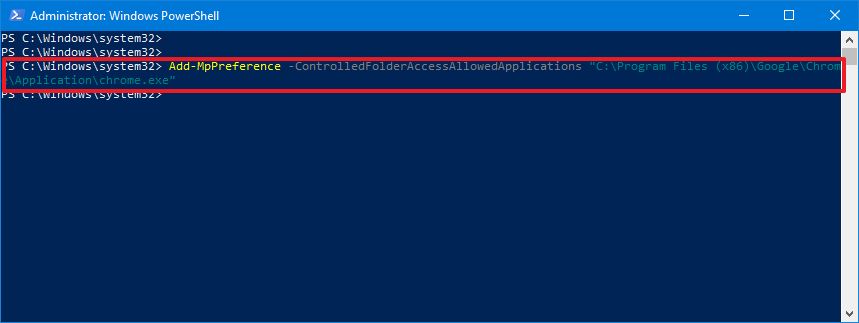 Controlled folder access whitelist app via PowerShell