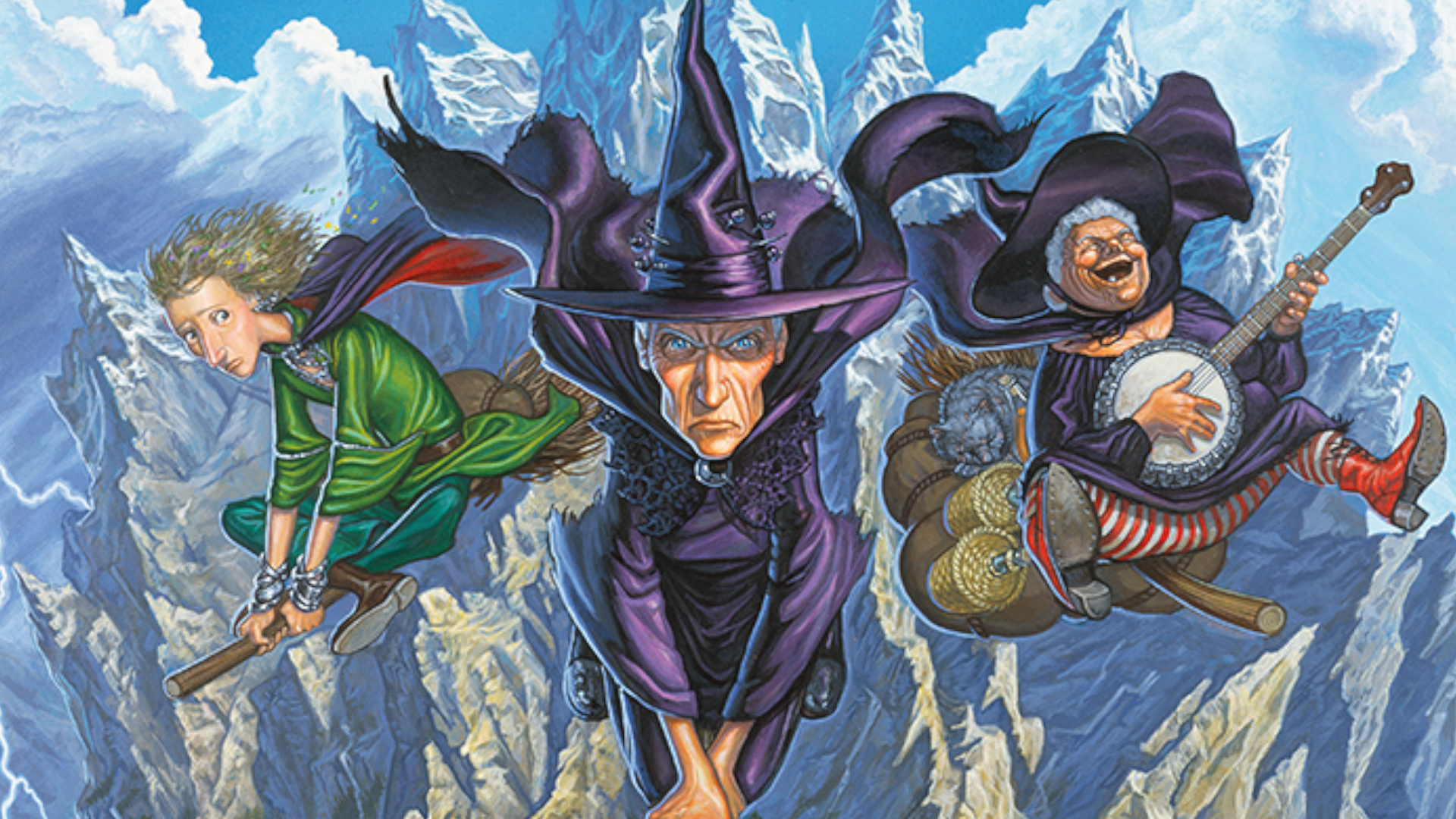 Three witches fly across mountains on their broomsticks in artwork from the cover of Discworld: Adventures in Lancre and &Uuml;berwald