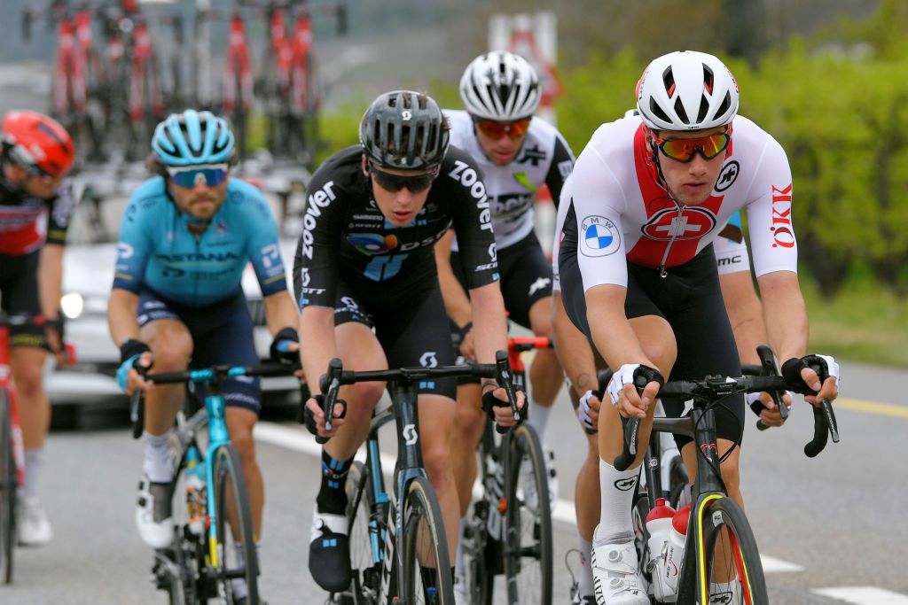 MARTIGNY SWITZERLAND APRIL 28 Thymen Arensman of Netherlands and Team DSM Joel Suter of Switzerland and Team Switzerland on breakaway during the 74th Tour De Romandie 2021 Stage 1 a 1681km stage from Aigle to Martigny TDR2021 TDRnonstop UCIworldtour on April 28 2021 in Martigny Switzerland Photo by Luc ClaessenGetty Images