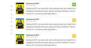 Cyberpunk 2077 Metacritic scores