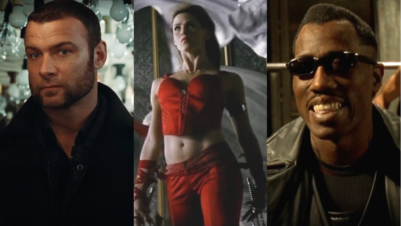 Liev Scheiber in X-Men: Origins - Wolverine, Jennifer Garner in Elektra, and Wesley Snipes in Blade II, picture side by side.