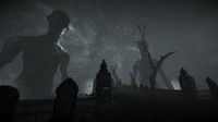 Large, humanoid creatures stand in silhouette over a graveyard inside what appears to be a cave.