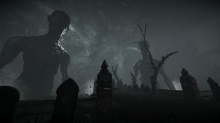 Large, humanoid creatures stand in silhouette over a graveyard inside what appears to be a cave.