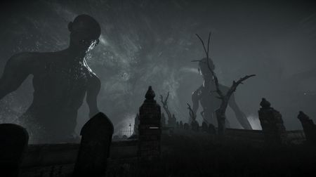 Large, humanoid creatures stand in silhouette over a graveyard inside what appears to be a cave.