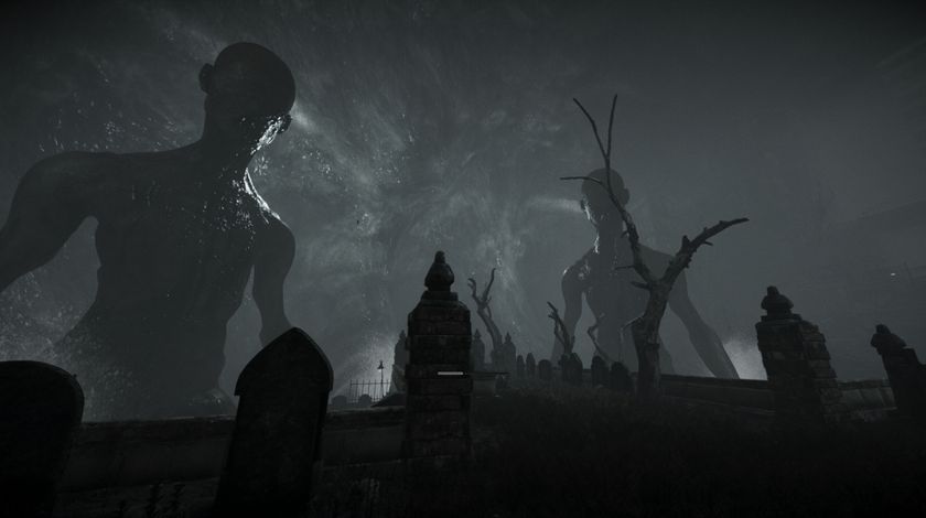 Large, humanoid creatures stand in silhouette over a graveyard inside what appears to be a cave.