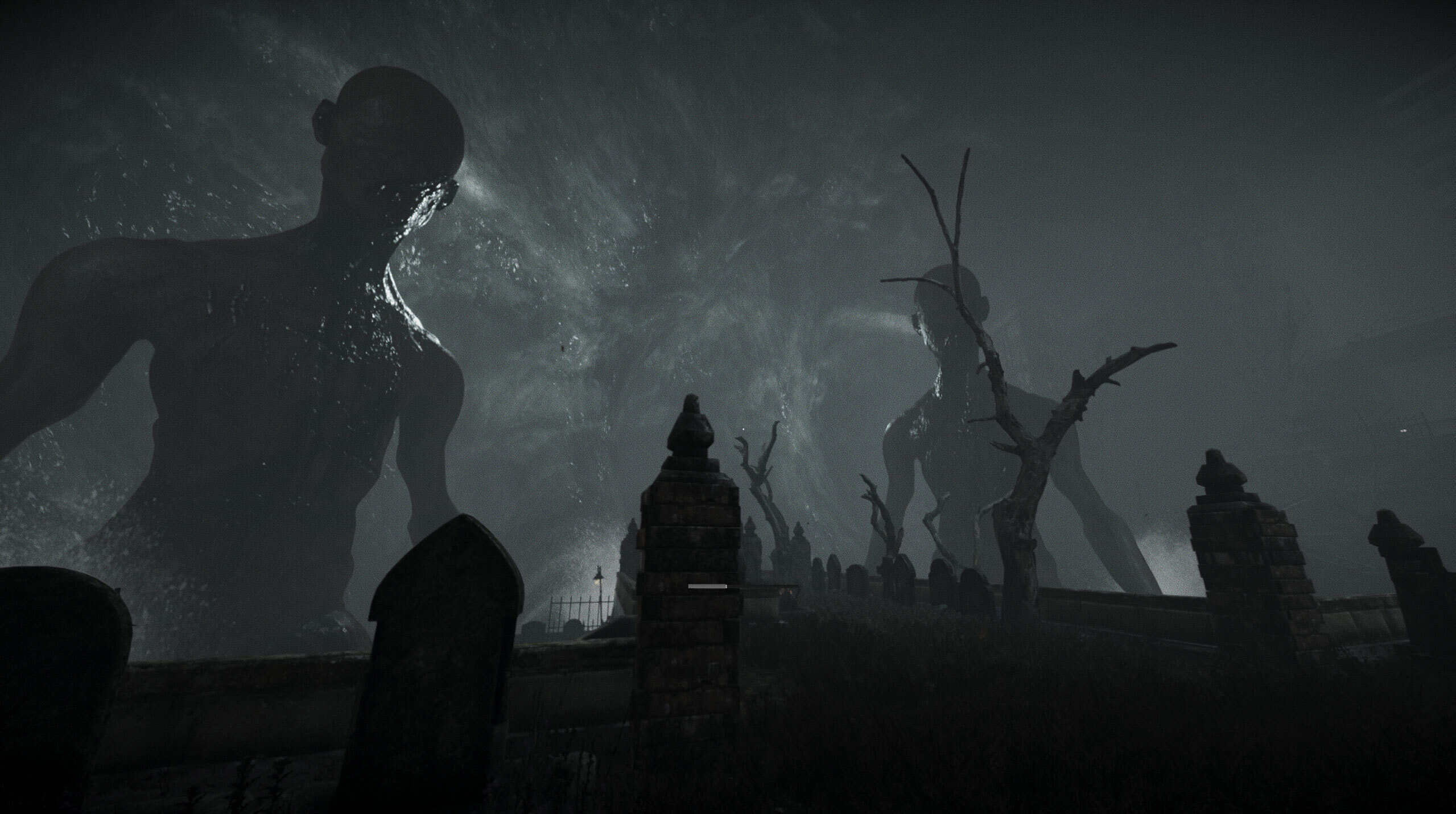 Large, humanoid creatures stand in silhouette over a graveyard inside what appears to be a cave.