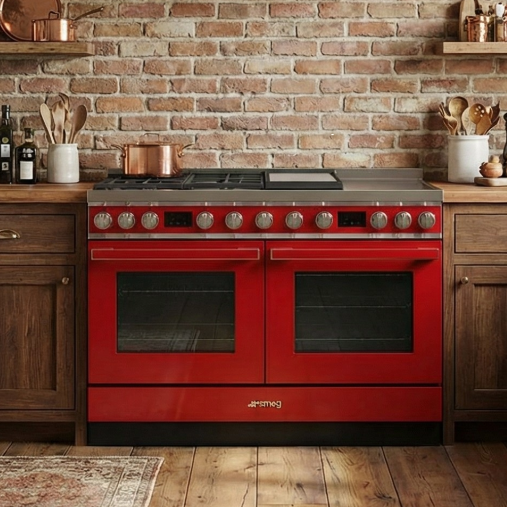 Smeg Portofino CPF120IGMPR 120cm Dual Fuel Range Cooker in a brick wall and wooden cabinet kitchen