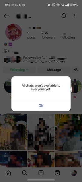 Screenshots of a strange glitch on Instagram, where users encounter an error message that says their contacts are an "AI chat."