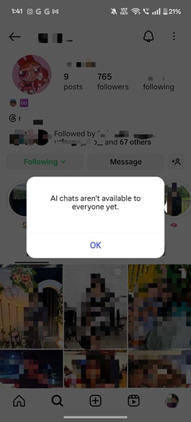 Screenshots of a strange glitch on Instagram, where users encounter an error message that says their contacts are an "AI chat."