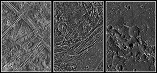 three panel image showing dark gray moon surfaces covered in craters and long striations.