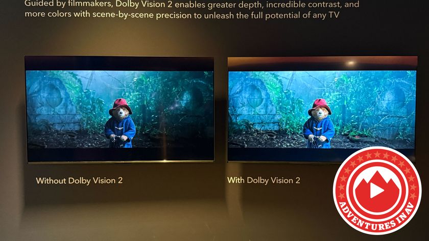 Two TVs side by side, one with Dolby Vision and the other with Dolby Vision 2 showing a scene from Paddington in Peru