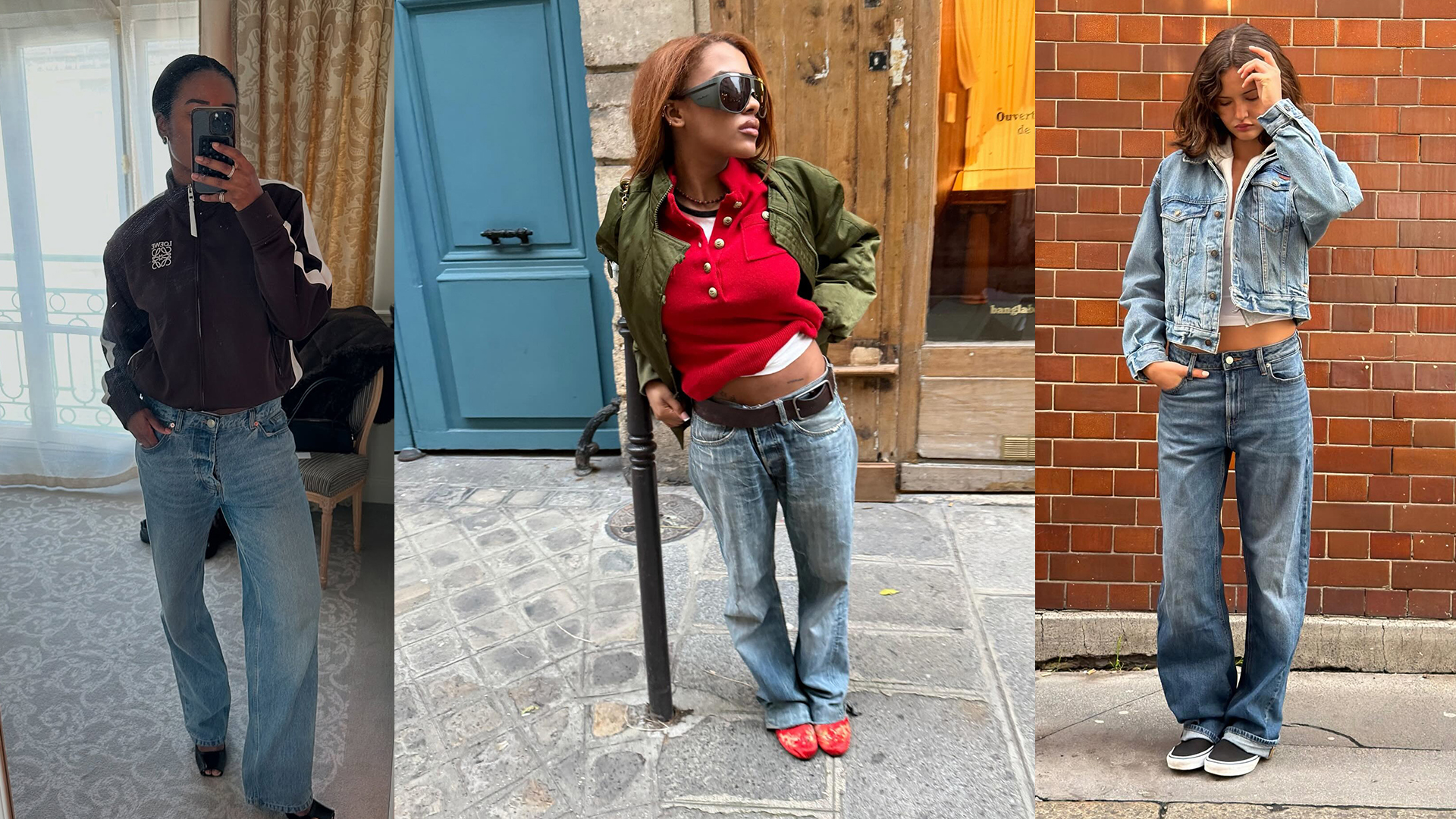 women wearing low-rise jeans with trendy shoes