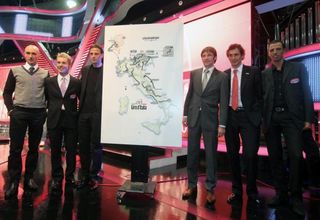 Stefano Garzelli, Damiano Cunego, Alessandro Pettachi, Denis Menchov, Filippo Pozzato and Alessandro Ballan at the 2010 Giro d'Italia presentation.