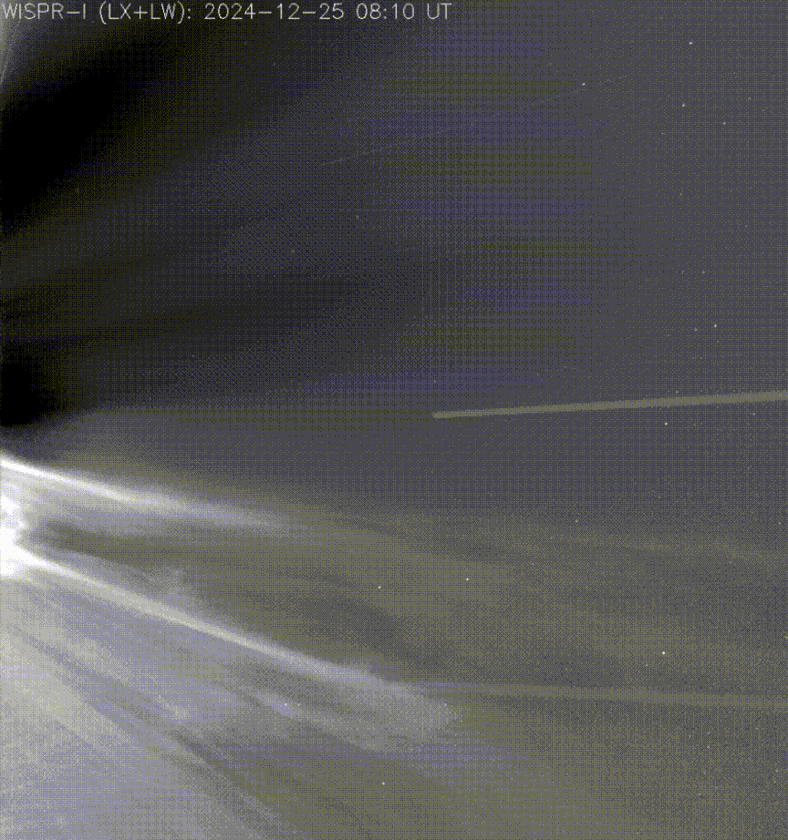 an animation of a video of the probe moving through a wispy black and white solar atmosphere that looks like curling smoke