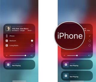 To stop AirPlay audio from your iPhone or iPad, swipe down from the top right corner of the screen to bring up Control Center. Tap the AirPlay button on the Now Playing widget. Select your iPhone (or iPad) in the device list.