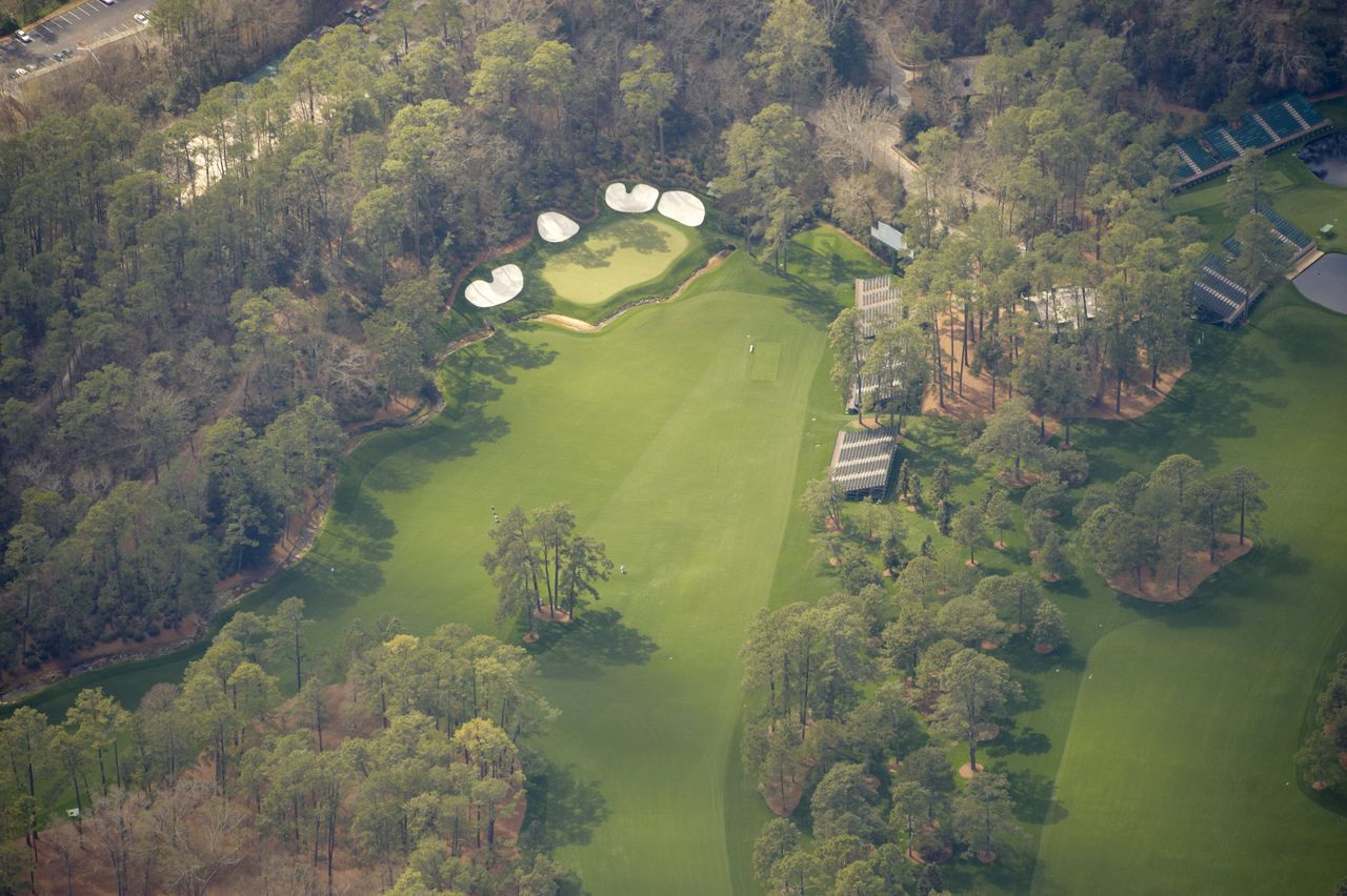 The 13th hole seen from above at Augusta National Golf Club