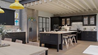 open plan kitchen diner with different ceiling designs