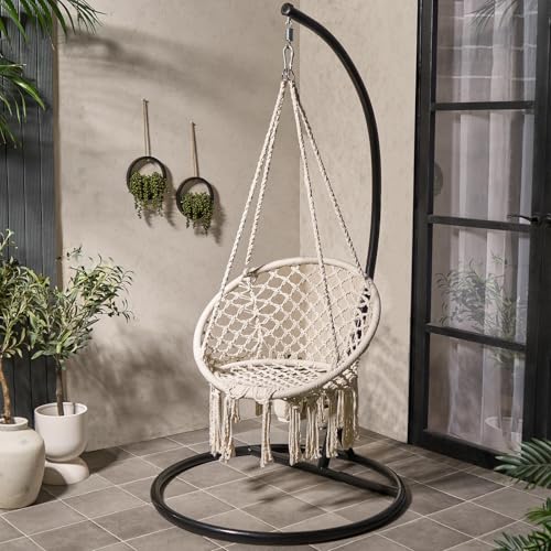 Ohs Swinging Chair, Hanging Egg Chair Macrame Swing Stand Chairs for Bedroom Garden Patio Balcony Comfy Relaxing Indoor Outdoor Swing Chairs - Cream