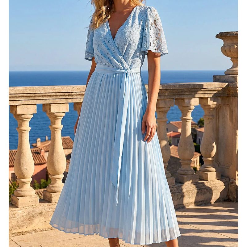 Roman Lace Detail Wrap Midi Dress on model