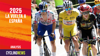 An image of Roglič, Pogačar and Vingegaard against a red banner for the 2025 Vuelta a España