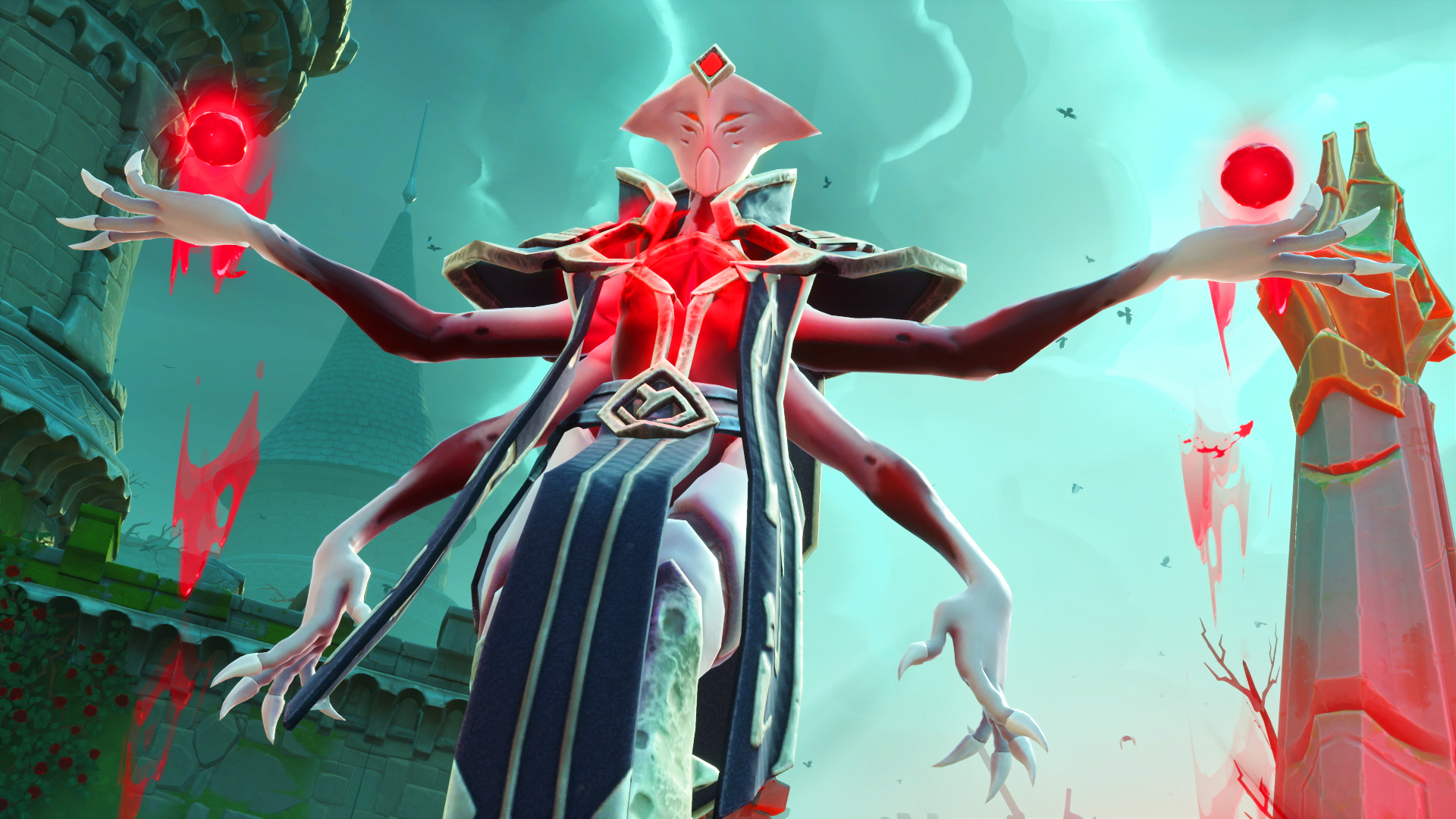 A promotional screenshot of an enemy from co-op RPG Fellowship. A floating creature with four arms and an angular head.