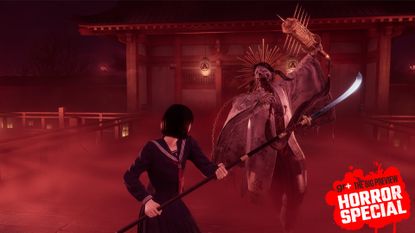 Hinako fights a shrine maiden boss in Silent Hill f with the GamesRadar+ Big Preview Horror special badge branding