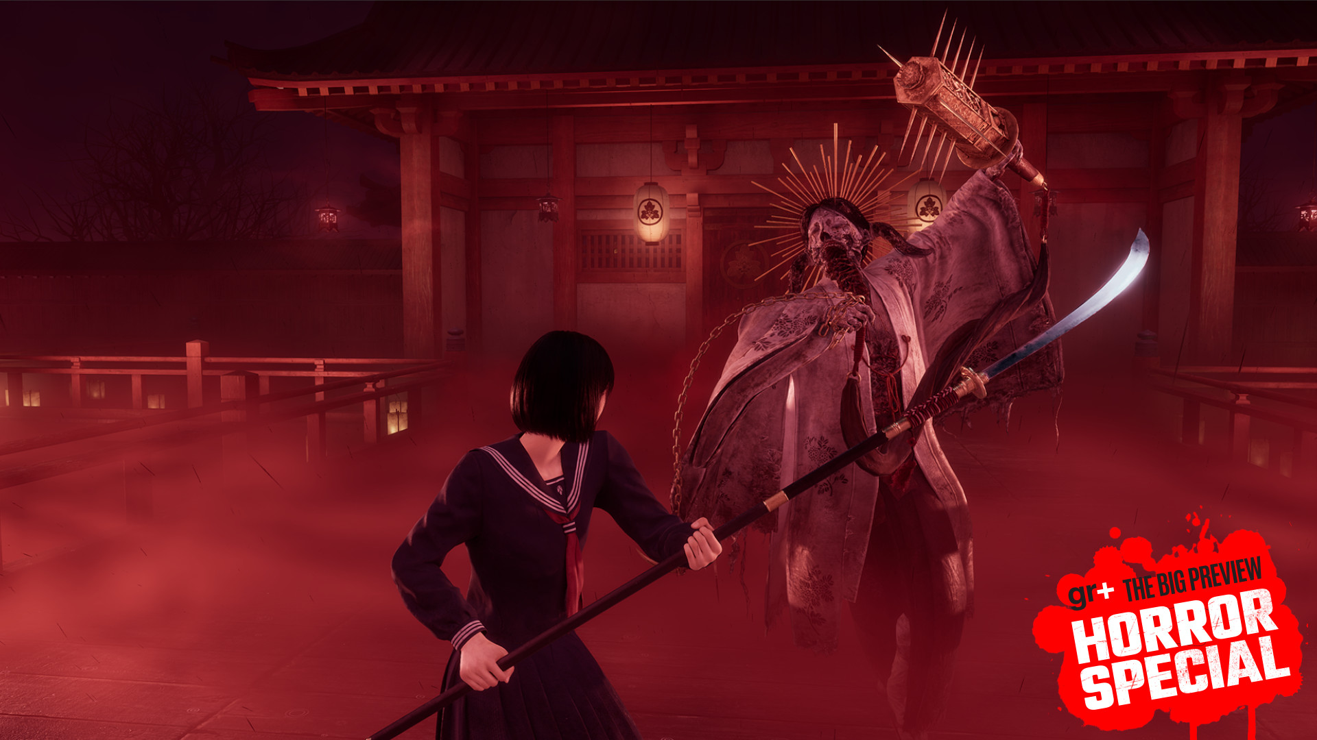 Hinako fights a shrine maiden boss in Silent Hill f with the GamesRadar+ Big Preview Horror special badge branding