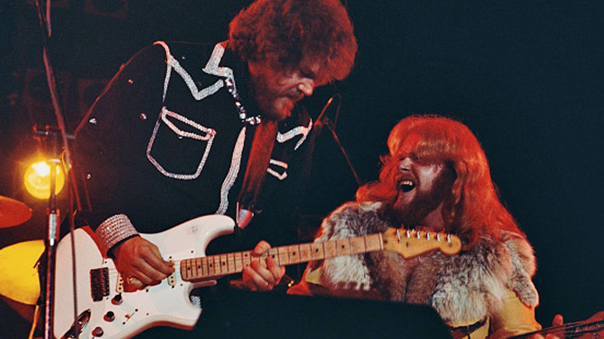 Randy Bachman and C F Turner of Bachman-Turner Overdrive performing onstage, Hammersmith Odeon, London, 1975.