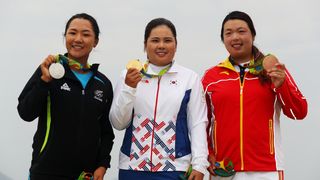 Lydia Ko, Inbee Park and Shanshan Feng with their medals during the 2016 Olympics